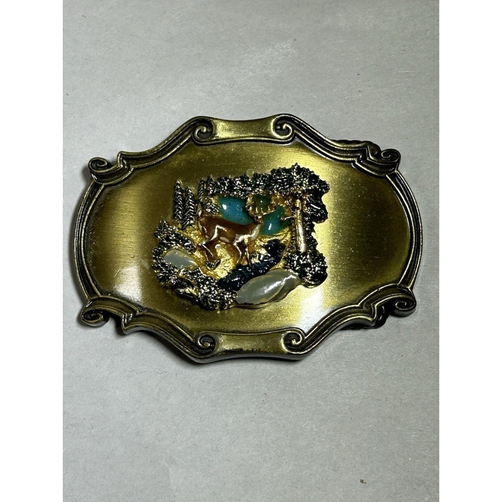 Vintage 1978 RainTree Belt Buckle Buck Deer Outdoor Scene Wildlife Made in USA